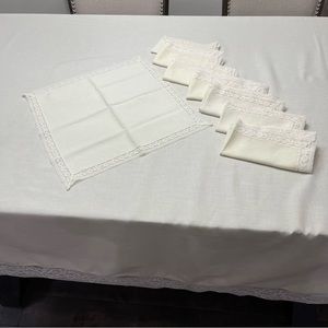 Vintage table cloth & 8 napkins 1970’s cream lace trim Fashion Manor JC Penny